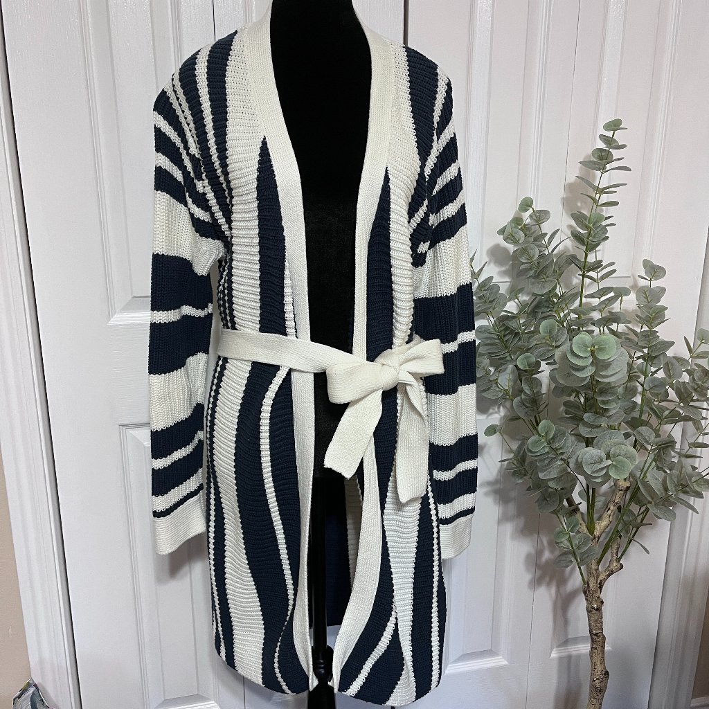 Roxy Knit Cardigan Striped Long Sleeve Belted Womens Med Thick Fabric Sweater